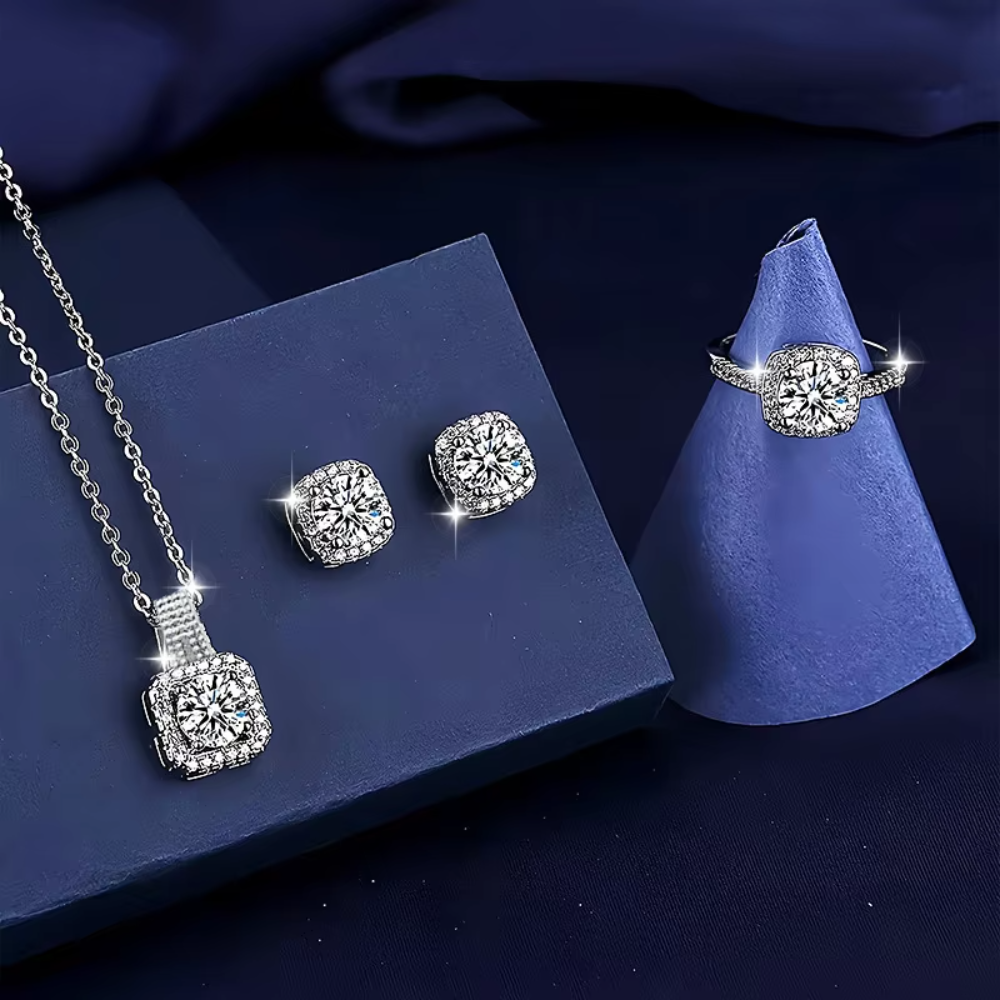 Set Luxury Brand Shiny Geometric Square Zircon Necklace Earring