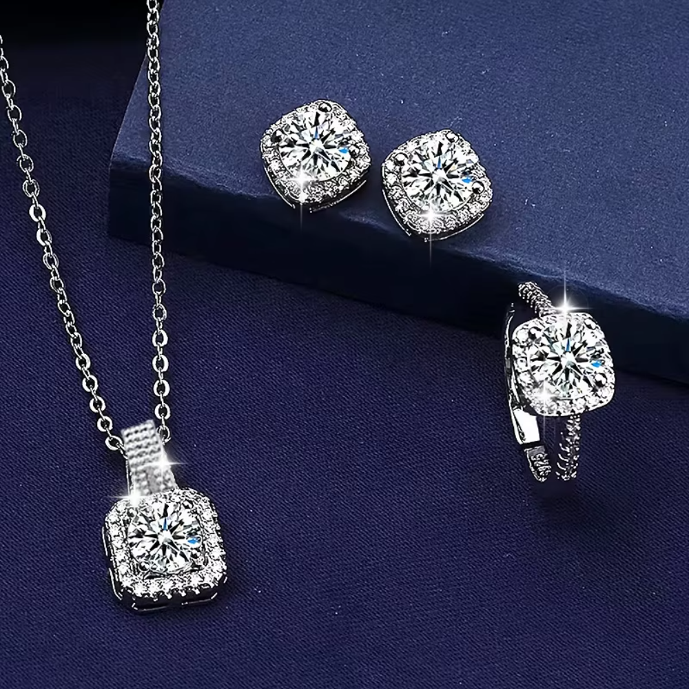 Set Luxury Brand Shiny Geometric Square Zircon Necklace Earring